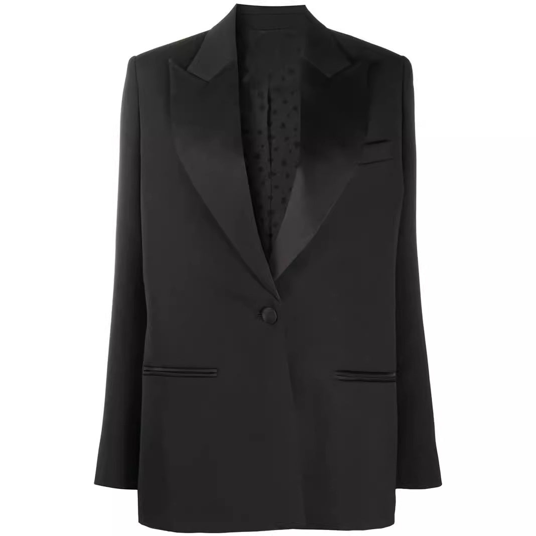 Women’s Oversized Single-Breasted Long Blazer with Satin Shawl Collar and Clean Tailoring Mune Fashion