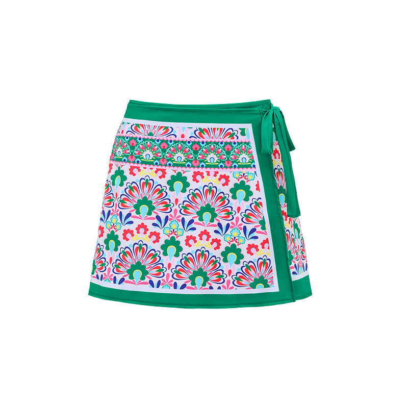 Women's swimsuit with continuous floral pattern and matching wrap skirt Mune Fashion