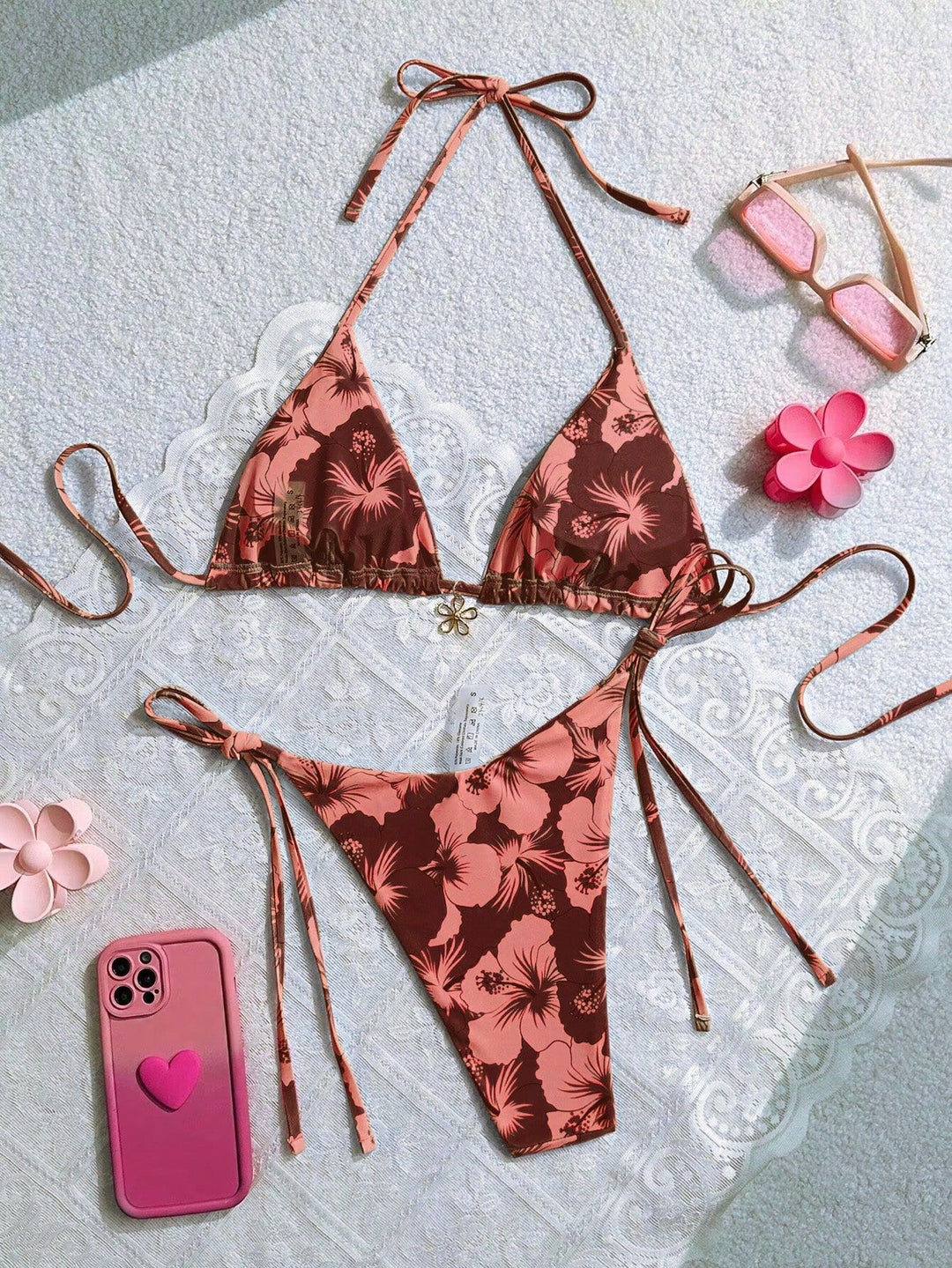 Women's triangle bikini with floral accents and intricate ties Mune Fashion