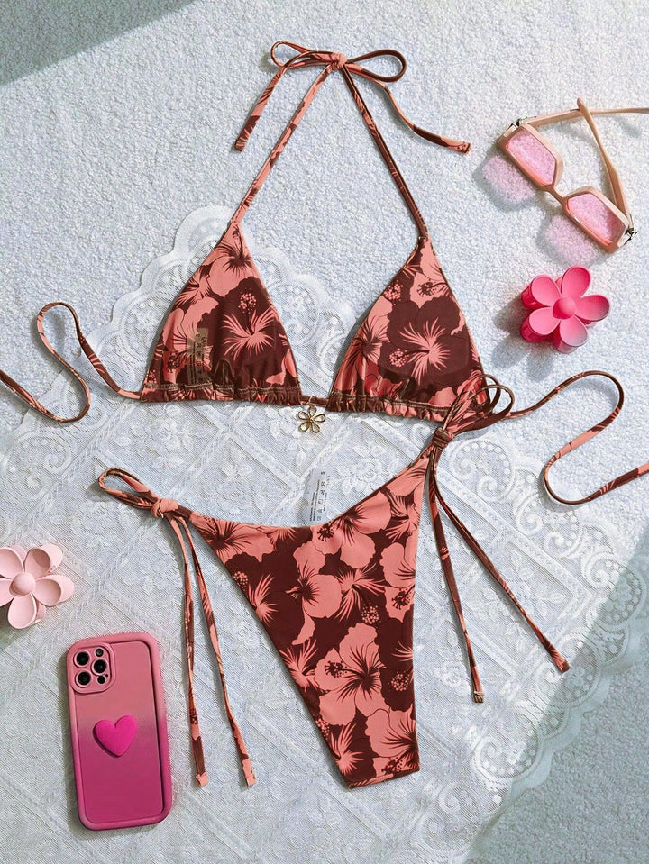 Women's triangle bikini with floral accents and intricate ties Mune Fashion