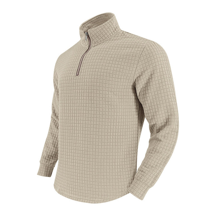 Men's Quilted Quarter-Zip Pullover with Check Pattern and Stand Collar Mune Fashion