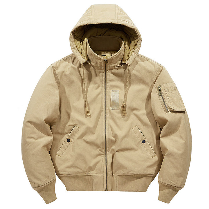 Men's Canvas Field Bomber Jacket with Hood, Utility Arm Pocket and Ribbed Hem Mune Fashion