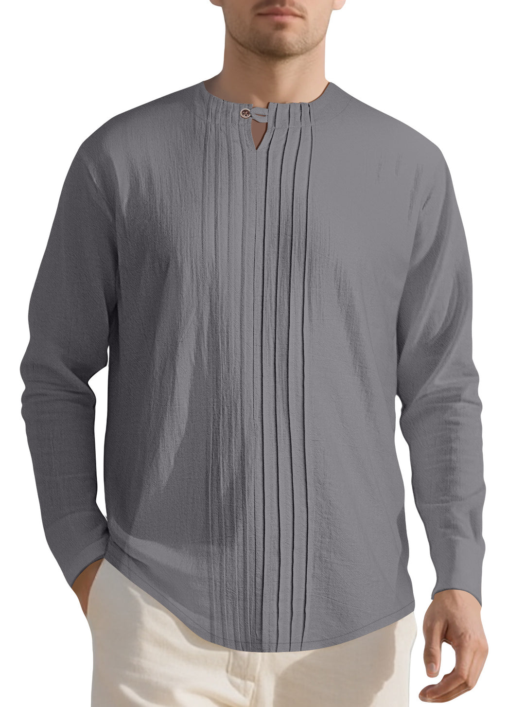 Men's Naan light structured tunic shirt with stand-up collar, pleats and loop button Mune Fashion