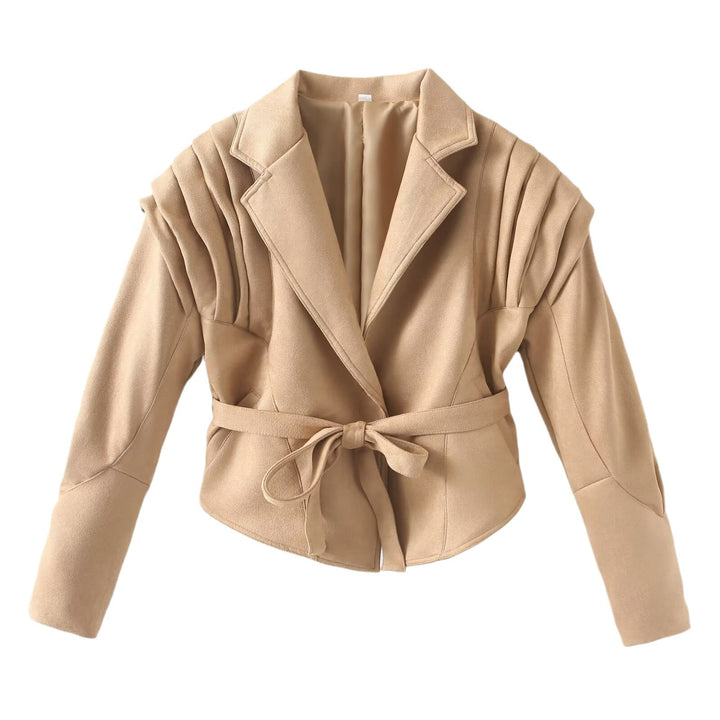 Women's Tailored Wrap Jacket in Suede Look with Shoulder Pleats and Tie Belt Mune Fashion
