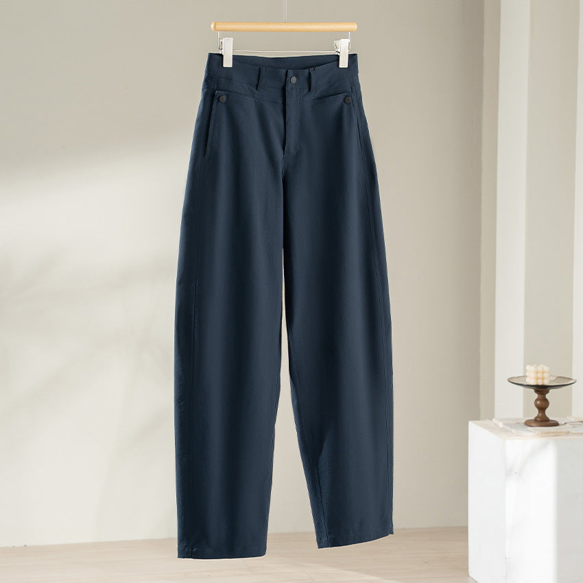 Women's high-waisted wide fabric trousers with straight leg, comfort waistband and side pockets Mune Fashion