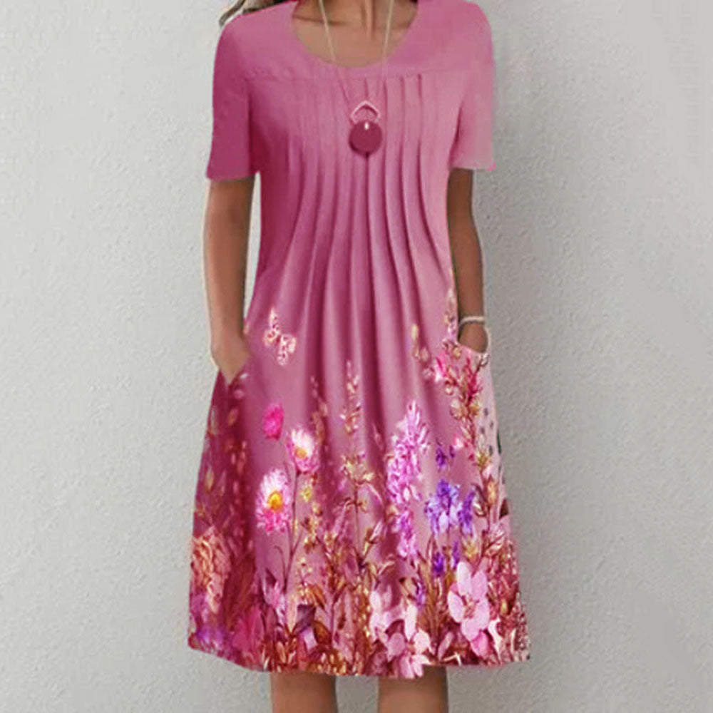 Women Pleated Midi Dress with Short Sleeves, Side Pockets and Floral Hem Mune Fashion