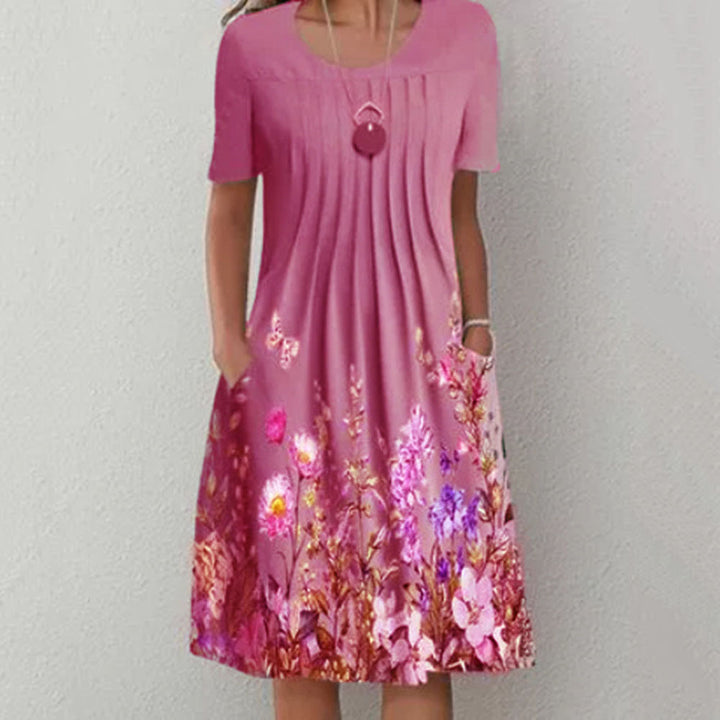 Women Pleated Midi Dress with Short Sleeves, Side Pockets and Floral Hem Mune Fashion