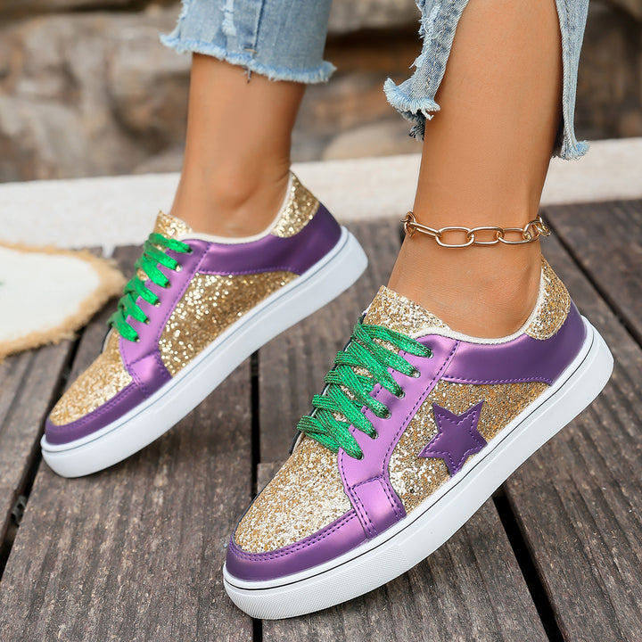 Women's fashionable platform sneakers with glitter panels, star appliqué, and padded comfort sole Mune Fashion