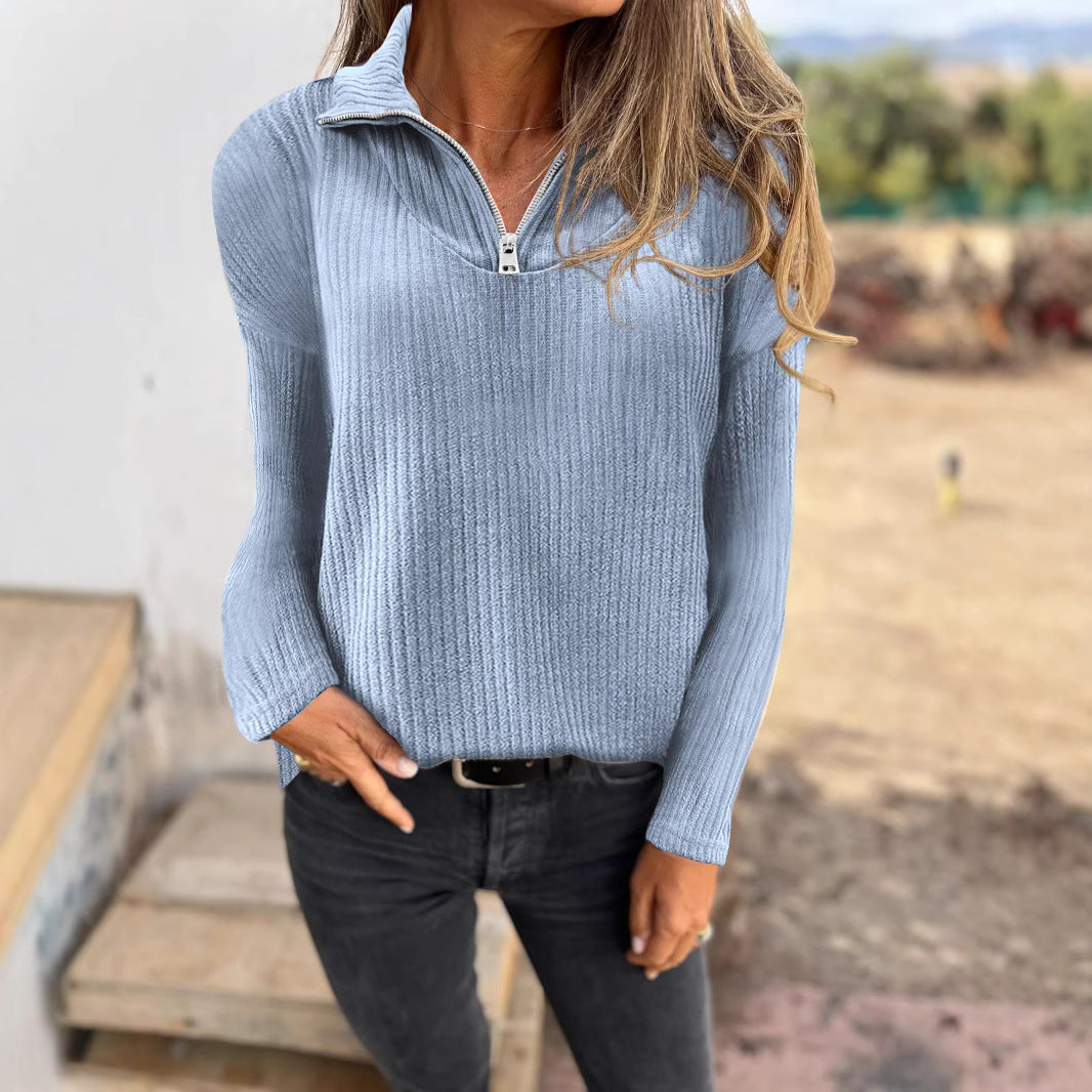 Women Ribbed Knit Sweater with Half Zip and Stand-Up Collar Mune Fashion
