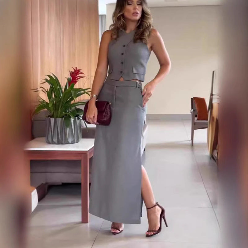 Women's elegant linen blend two-piece set with fitted halter top, button detail, and high-cut maxi skirt Mune Fashion