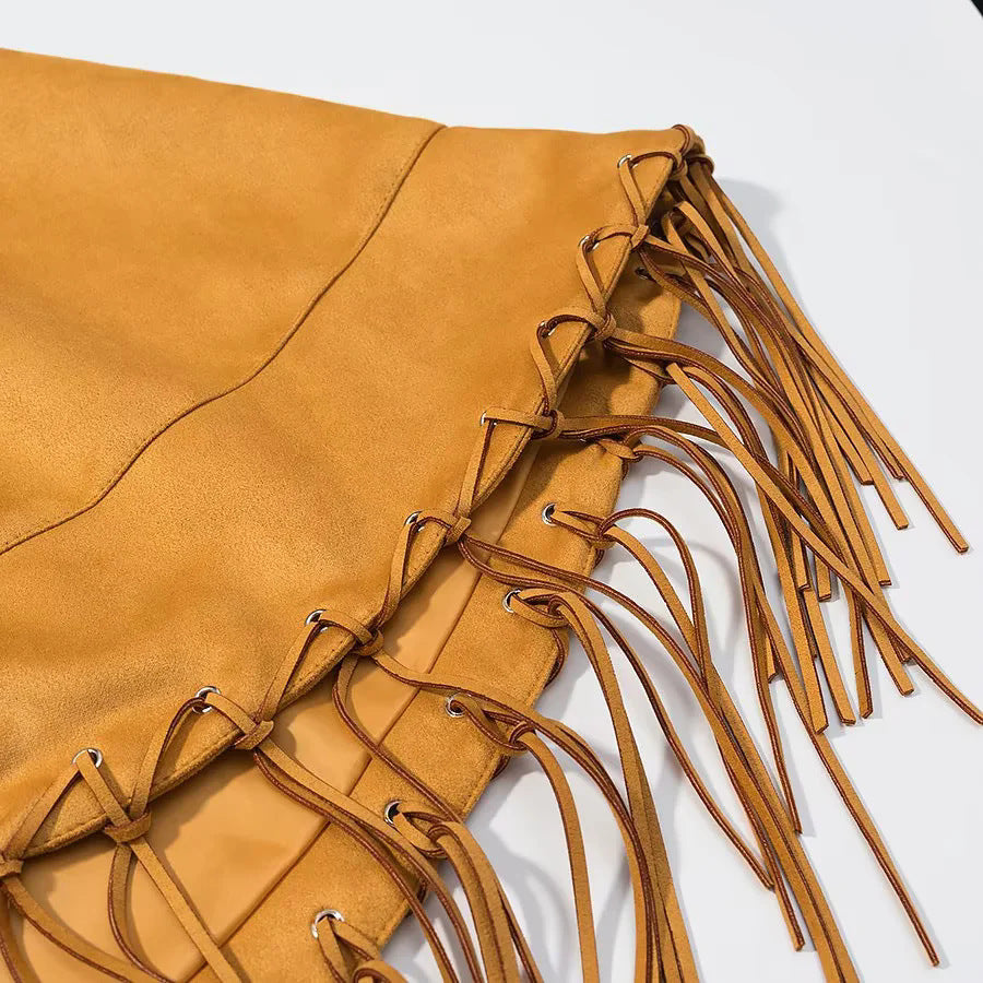 Women's Velvet Look Cape with Shirt Collar, Decorative Stitch and Long Fringe Mune Fashion