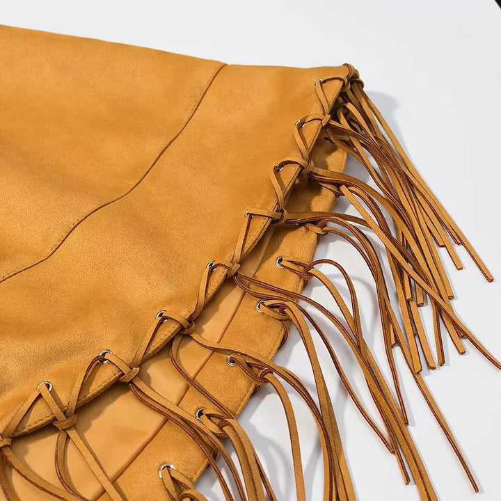 Women's Velvet Look Cape with Shirt Collar, Decorative Stitch and Long Fringe Mune Fashion