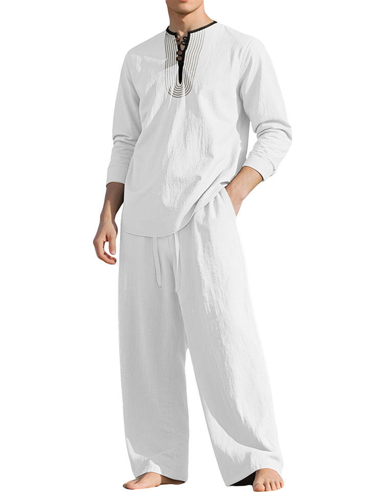 Men's tunic and Palazzo pants set with Henley placket, decorative embroidery and wide cut Mune Fashion