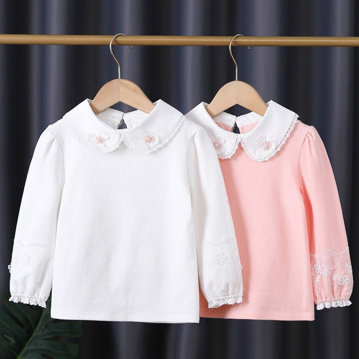 Girls' fashionable long-sleeve blouse with romantic collar and fine floral embroidery Mune Fashion