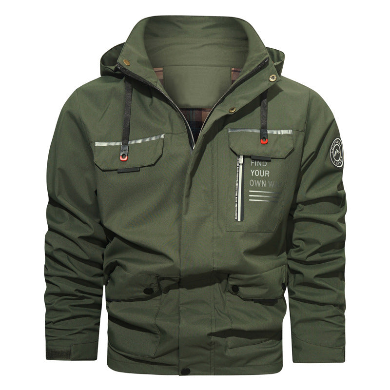 Men's utility-style hooded jacket with chest zip, multiple pockets, and statement print Mune Fashion