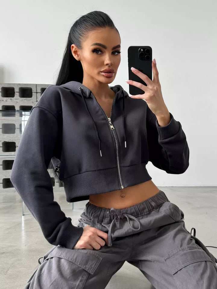 Women's Cropped Hooded Jacket with Short Zipper and Wide Ribbed Cuff Mune Fashion