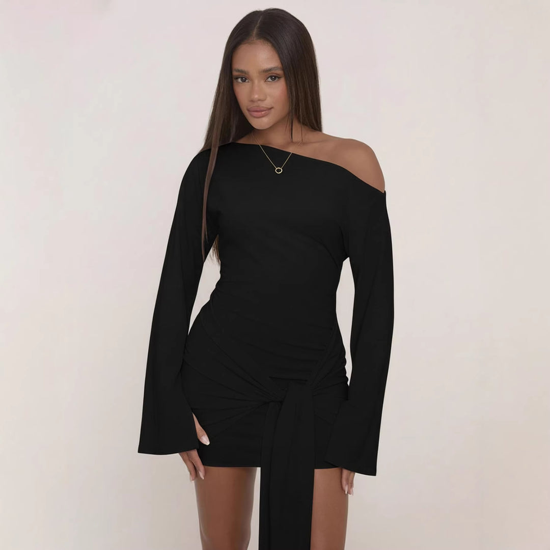 Women Asymmetric One-Shoulder Mini Wrap Dress with Knot Front and Draped Bow Mune Fashion