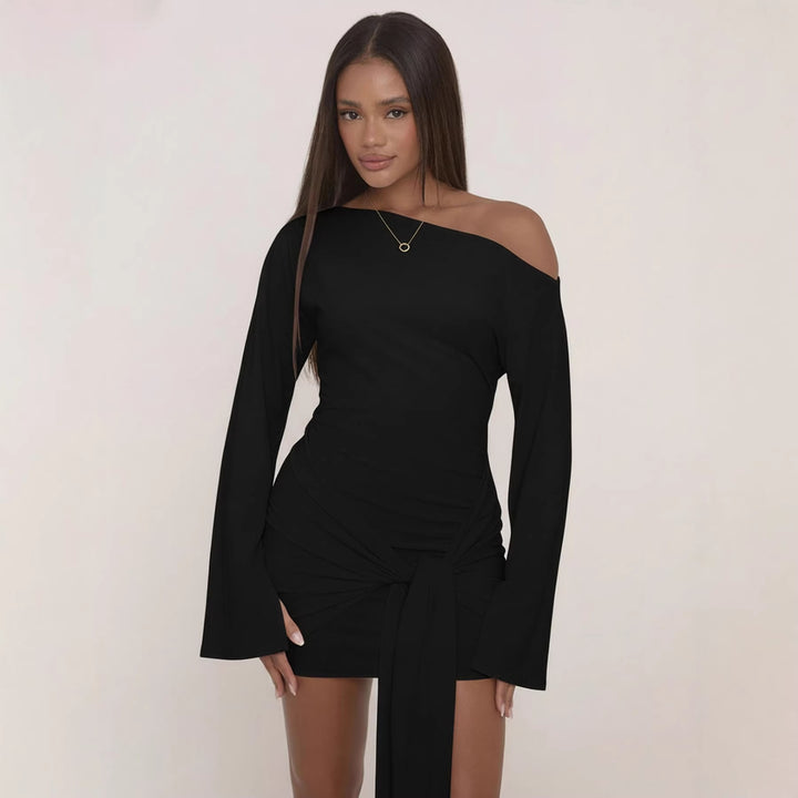 Women Asymmetric One-Shoulder Mini Wrap Dress with Knot Front and Draped Bow Mune Fashion