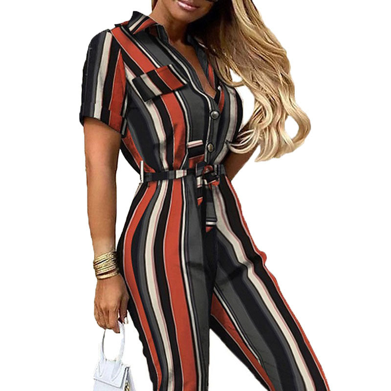 Women Short Sleeve Utility Overall with Waist Tie Belt and Slim Jogger Legs Mune Fashion