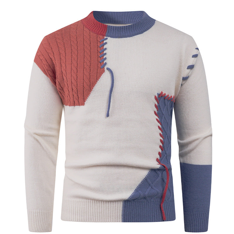 Men's Nan Patchwork Knit Pullover with Cable Knit Inserts and Decorative Seam Applications Mune Fashion