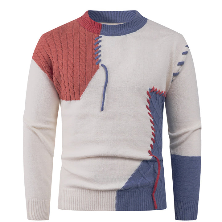Men's Nan Patchwork Knit Pullover with Cable Knit Inserts and Decorative Seam Applications Mune Fashion