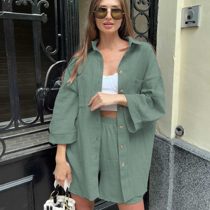 Ladies casual muslin two-piece set with oversized shirt and elastic high-waist shorts Mune Fashion
