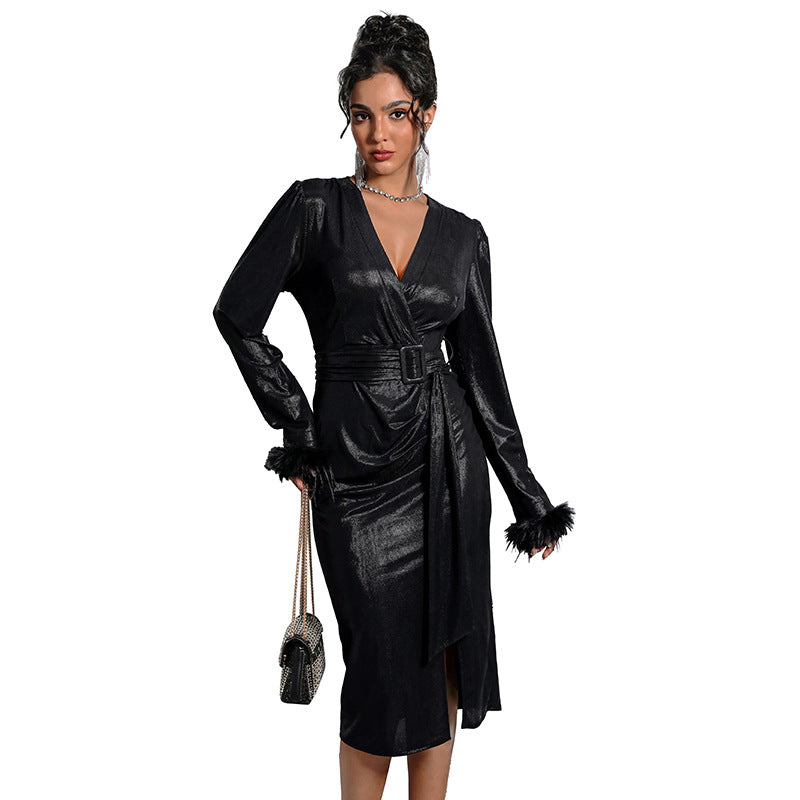 Women's Satin Wrap Midi Dress with Tailored Belt and Feather Cuffs Mune Fashion