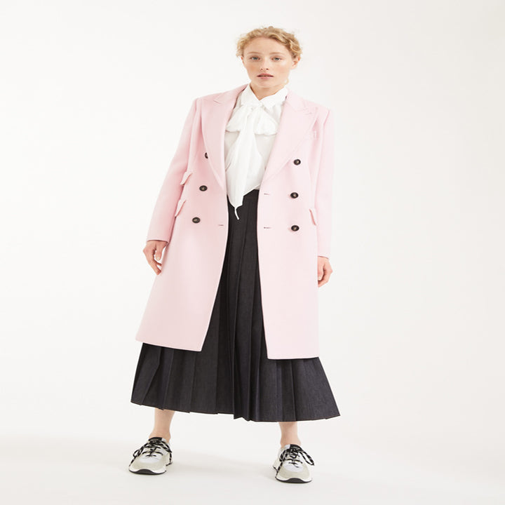 Women's Double-Breasted Midi-Length Wool Blend Coat with Emphasized Shoulder and Contrast Buttons Mune Fashion