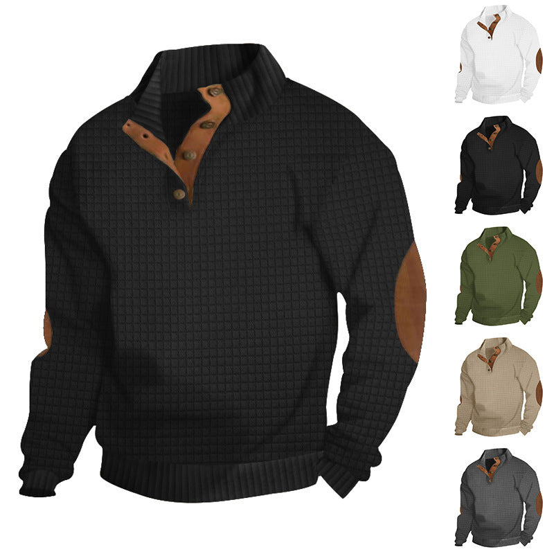 Men's Structured Sweater with Half Button Placket and Elbow Patches Mune Fashion