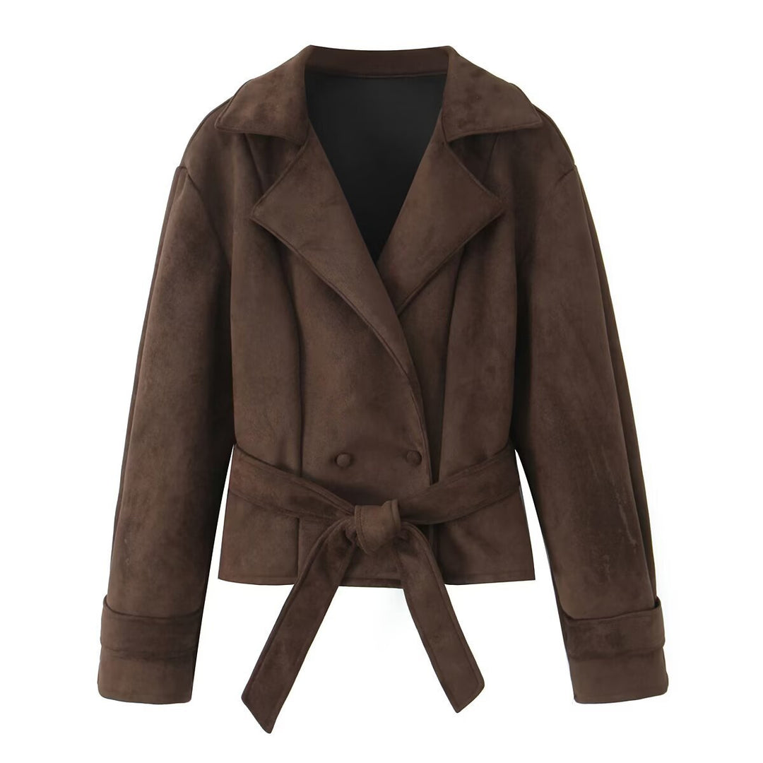 Women's Short Suede Look Jacket with Waist Belt and Lapel Collar Mune Fashion