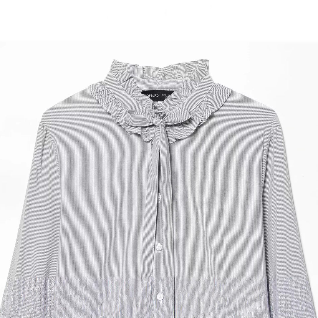 Women's ruffled blouse with high stand-up collar and tie, pleated sleeves and continuous button placket Mune Fashion