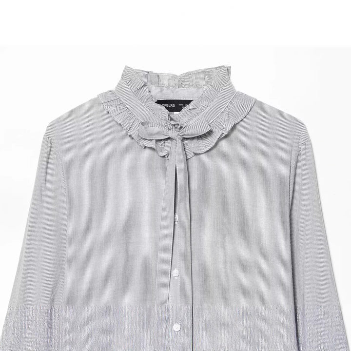 Women's ruffled blouse with high stand-up collar and tie, pleated sleeves and continuous button placket Mune Fashion