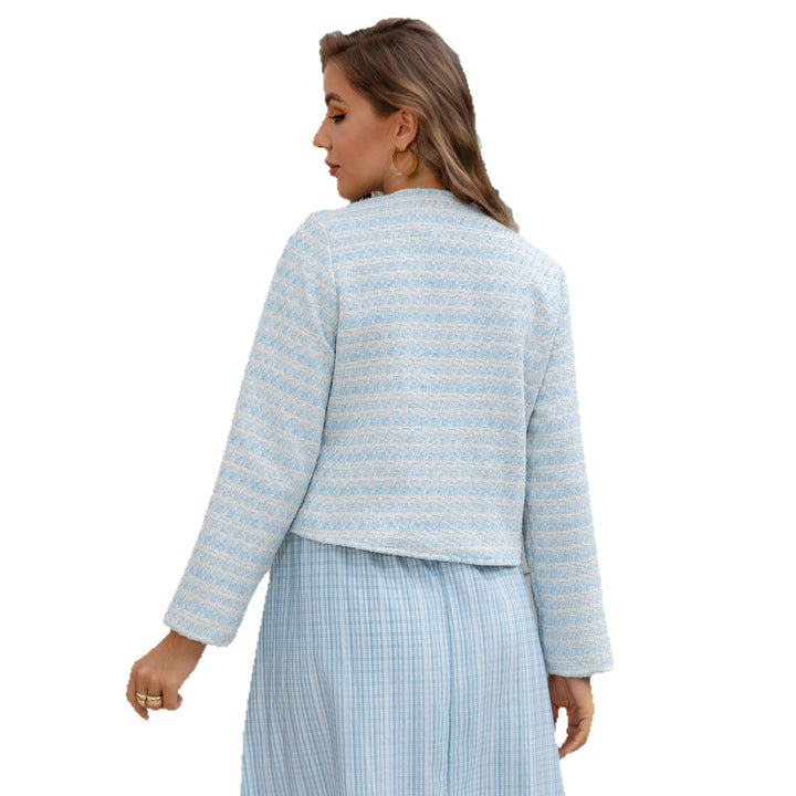 Women's Two-Piece Boucle Jacket Set with Fitted Gingham Midi Dress Mune Fashion