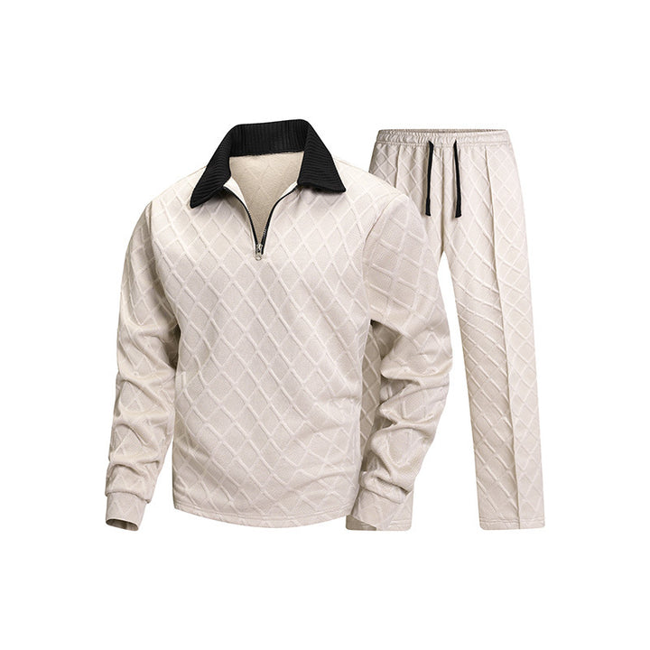 Men's Elegant Quilted Lounge Set with Half-Zip Collar & Drawstring Waist Mune Fashion