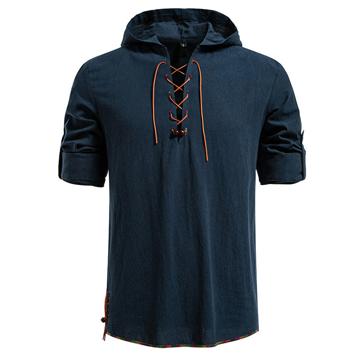 Men's Lightweight Hoodie Shirt with Decorative Lacing, Short Sleeve and Longline Cut Mune Fashion