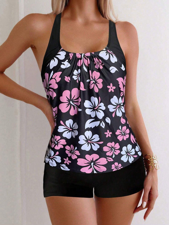 Women's Sporty Tankini Set with Floral Accents Mune Fashion