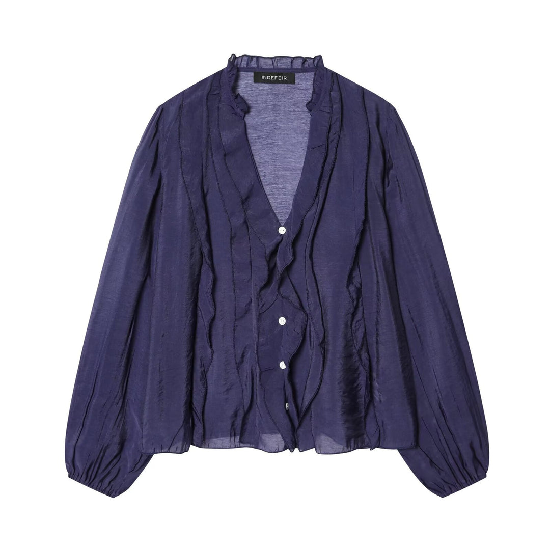 Women's Light Chiffon Blouse with Ruffle Button Placket and Balloon Sleeves Mune Fashion
