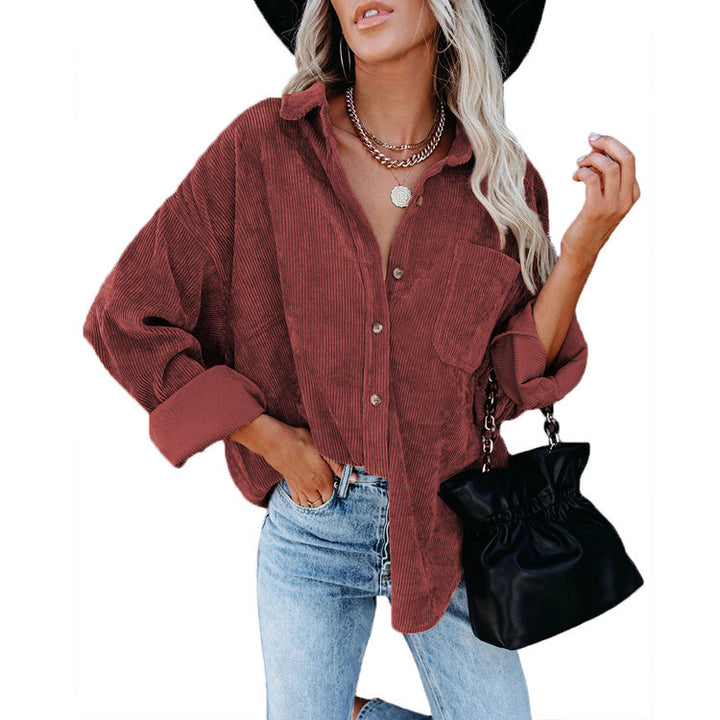 Women's Oversized Cord Shirt Jacket with Breast Pocket and Continuous Button Placket Mune Fashion