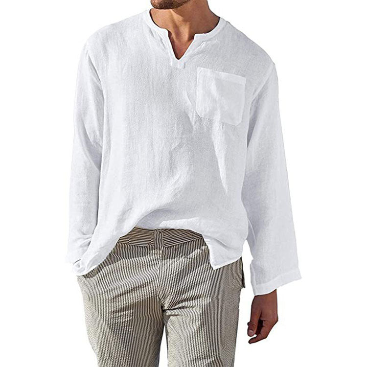 Men's Linen Long Sleeve Shirt with Henley Neckline and Chest Pocket Mune