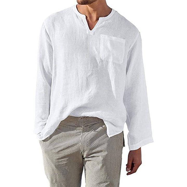 Men's Linen Long Sleeve Shirt with Henley Neckline and Chest Pocket Mune
