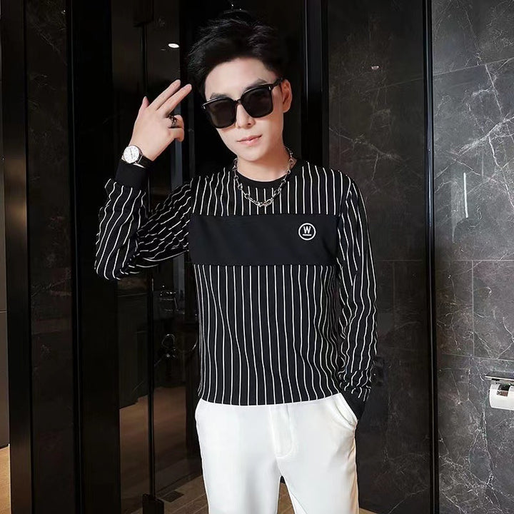 Men Striped Long Sleeve Shirt with Chest Yoke and Round Neckline Mune Fashion