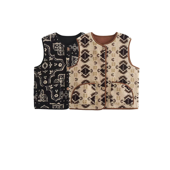 Women's patterned teddy vest in bouclé look with patch pockets Mune Fashion