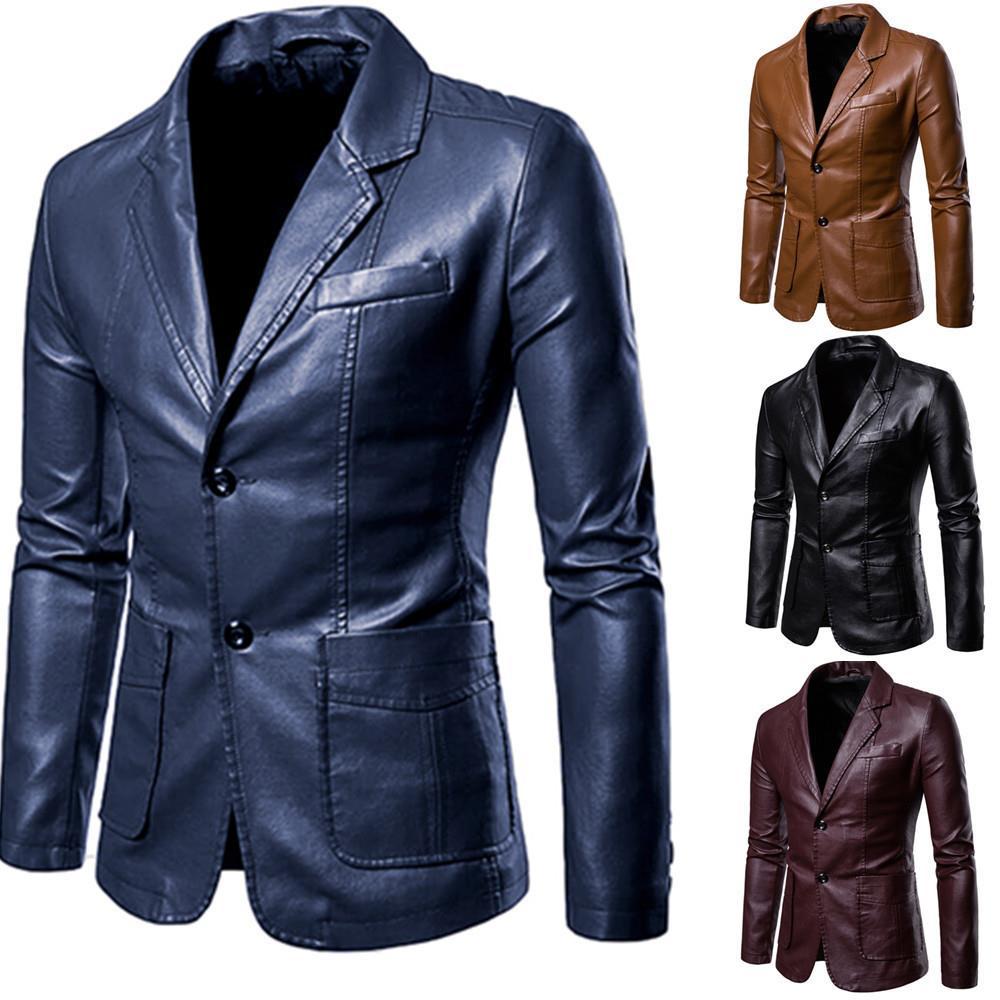 Men's slim leather blazer with lapel collar and patch pockets Mune Fashion