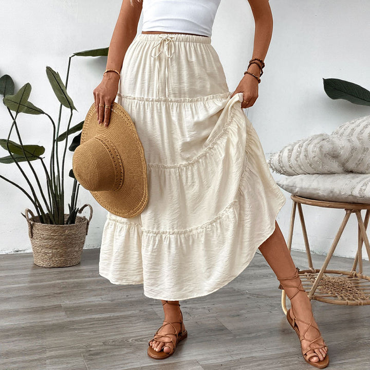 Women’s tiered maxi skirt with elastic drawstring waistband and light crinkle quality Mune Fashion
