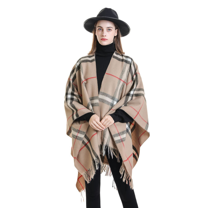 Women's Wool Blend Poncho with Check Pattern and Fringing Mune Fashion