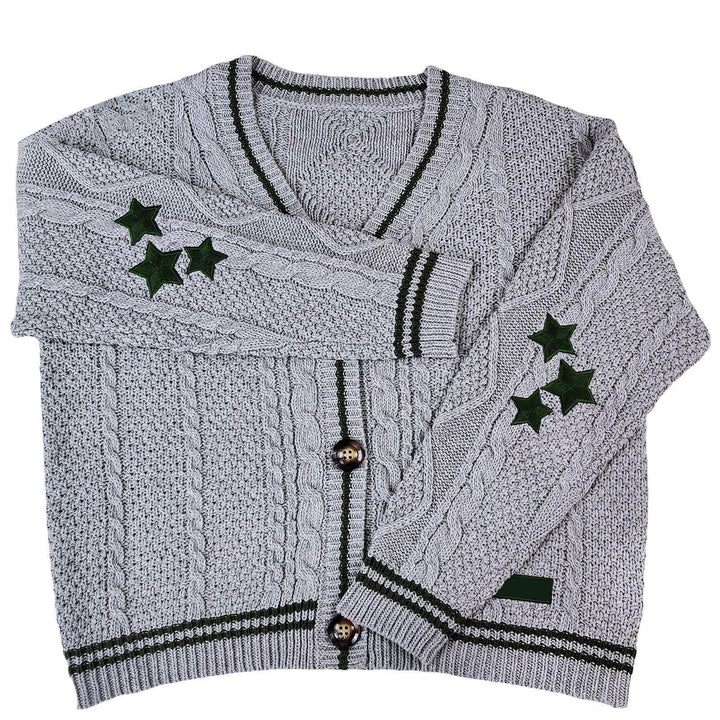 Women's oversized cable knit cardigan with V-neck, button placket and star appliqués Mune Fashion