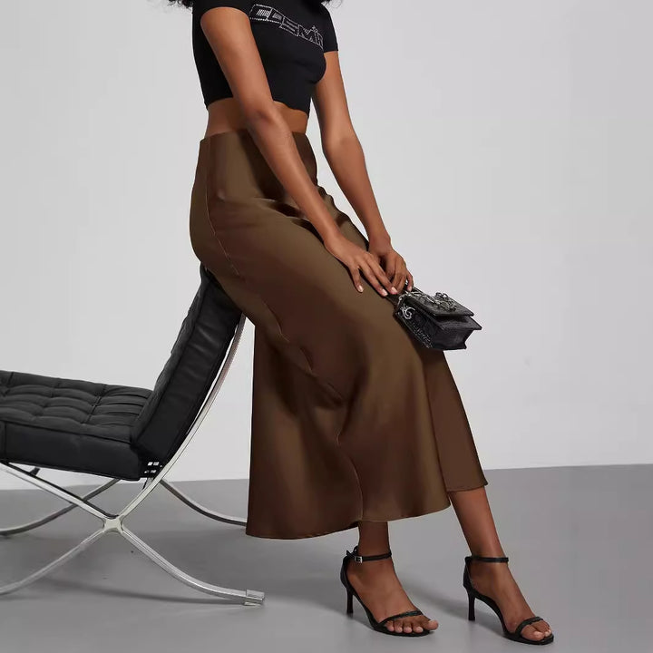 Ladies Satin Midi Skirt with High Waist and Asymmetrical Cut Mune Fashion