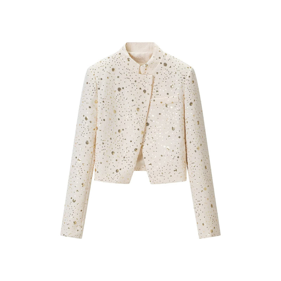 Women's short blazer in bouclé style with stand-up collar and sequin application Mune Fashion