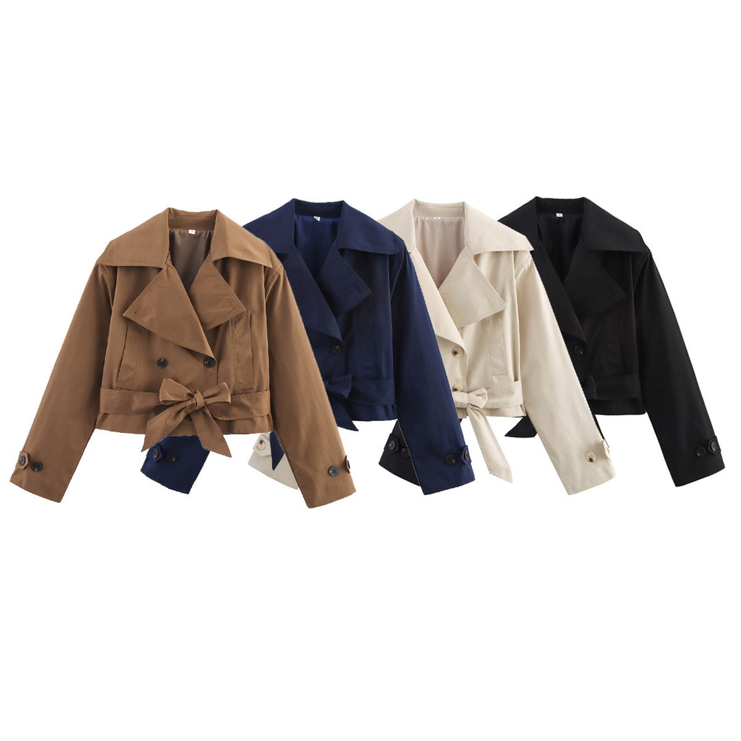 Women Cropped Trench Coat with Wide Lapels, Waist Belt and Double Button Row Mune Fashion