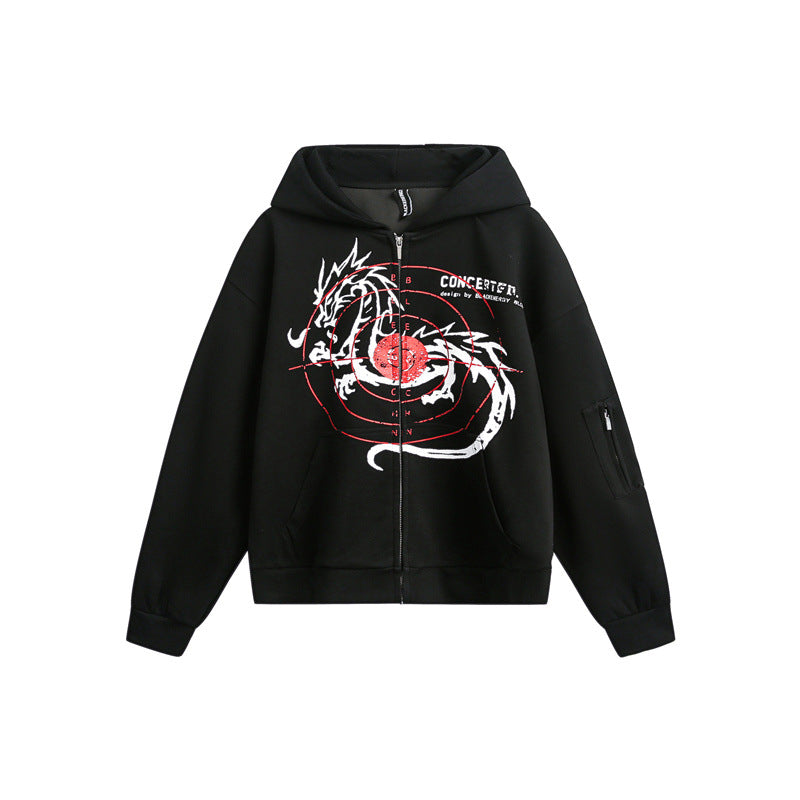 Unisex Oversize Hoodie Zip Jacket with Dragon Print and Arm Pocket Mune Fashion
